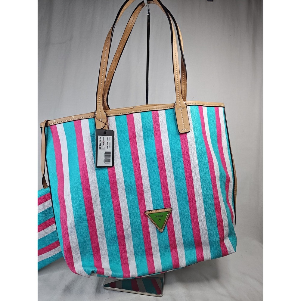 NWT GUESS Wink Striped Shopper Tote Bag Aqua Multi Pink White with Coin Pouch